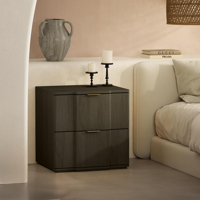 Table de nuit Clive style milieu du siecle 56 cm en noyer et or (2 tiroirs)