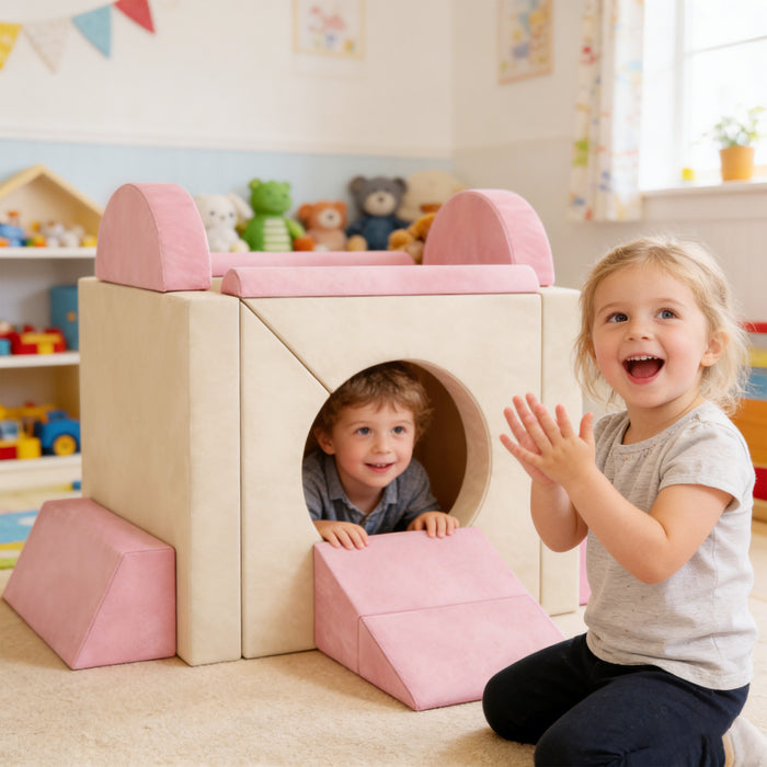 Qaba Canape de Jeu Modulaire 12 Pieces pour Enfants, Sofa Sectionnel, Rose