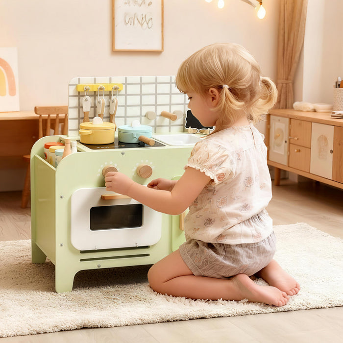 Cuisine pour enfants Qaba, cuisine d'imitation, ensemble de cuisine pour tout-petits avec 15 accessoires, four a micro-ondes, meubles de rangement, pour garcons et filles de 3 ans et plus, vert