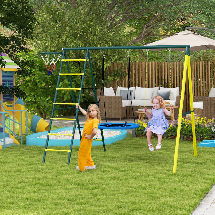 Outsunny Balancoire 4 En 1 Pour Enfants Avec Balancoire Soucoupe, Siege, Echelle D'escalade/filet, Panier De Basket-ball, Balancoire A Cadre En Metal Pour Jardin Exterieur, 3-8 Ans, Jaune