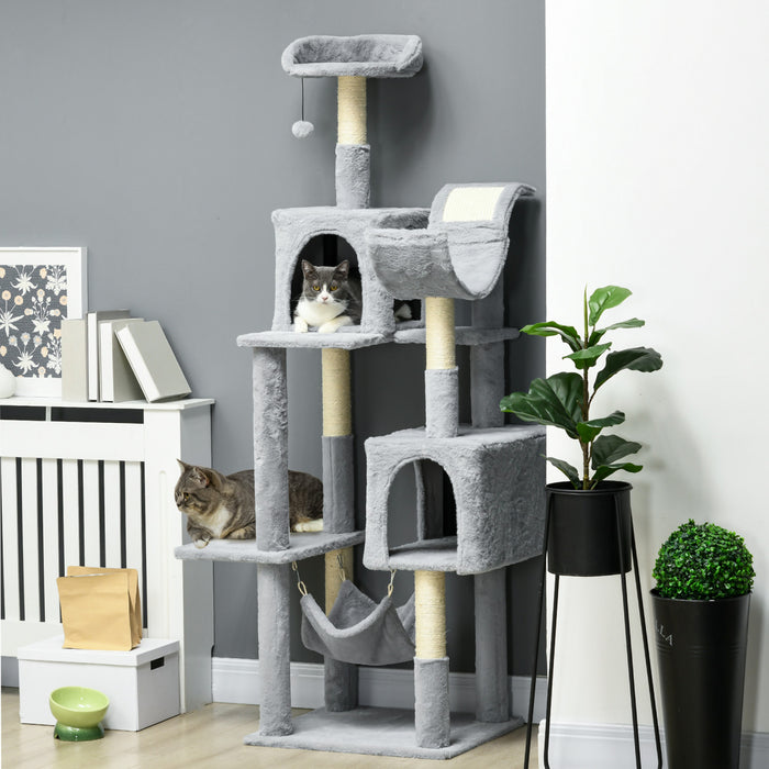 Pawhut Grand Arbre A Chat Pour Chats D'interieur, Tour A Plusieurs Niveaux De 70\" Avec Hamac, Lit Pour Chat, Condo Pour Chat Avec Griffoirs En Sisal, Gris Bleute