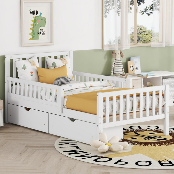 Emma – Lit Plateforme en Bois avec Barrieres de Protection et Tiroirs de Rangement, Format Simple - Blanc