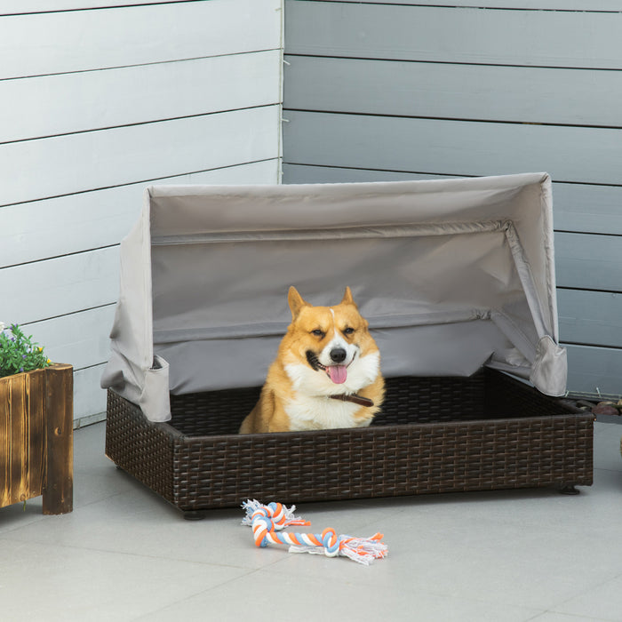 Pawhut Niche Pour Chien En Osier Avec Toit Pliable, Canape Sureleve Pour Animal De Compagnie, Lit Chien Chat En Rotin Interieur Et Exterieur, Pour Chiens De Petite Ou Moyenne Taille, Cafe