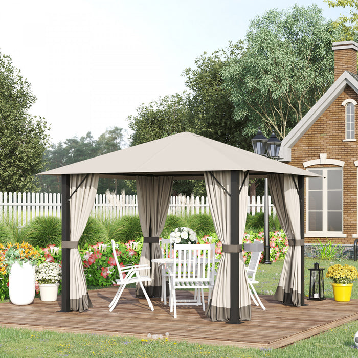 Outsunny 10' X 10' Tonnelle Pavillon Jardin Patio Terrasse Gazebo Exterieur Avec Parois Laterales Cheminee D'aeration Cadre Aluminium Acier Polyester Kaki