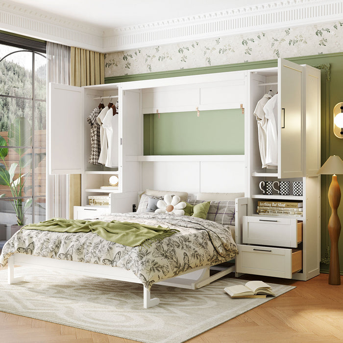 Maria Lit escamotable Murphy avec tiroirs et etageres, Taille Queen, Blanc