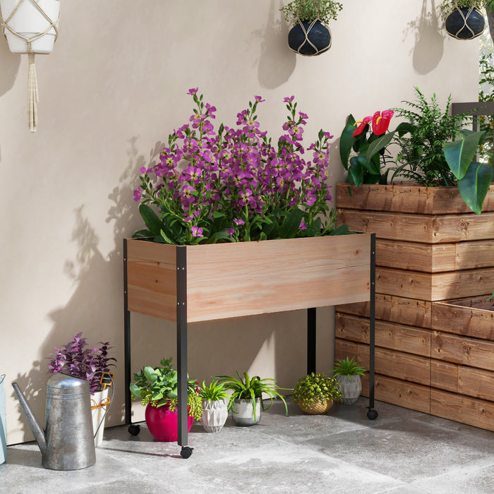 Outsunny Jardin Sureleve En Bois Avec Roues, Jardiniere Surelevee Avec Pieds En Metal, Trous De Drainage Et Revetement De Sol, Pour Legumes, Fleurs, Herbes.