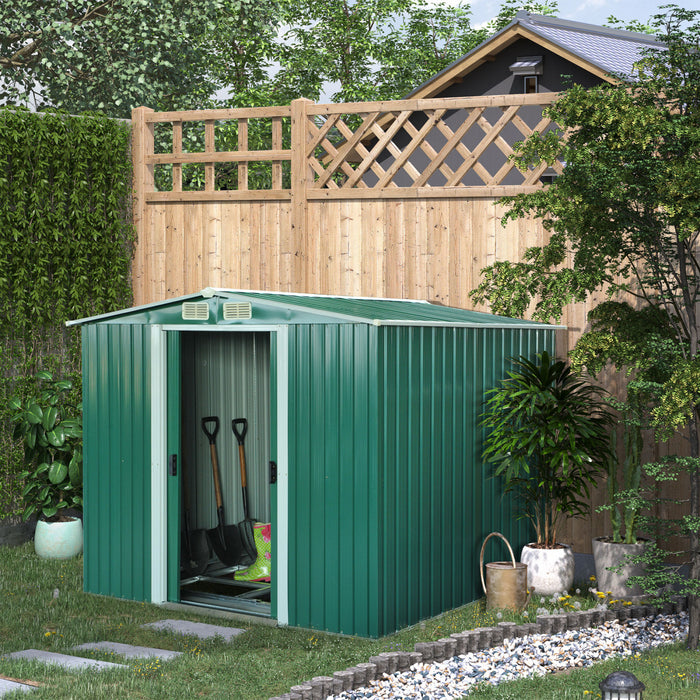 Outsunny 8,5' X 6,8' X 5,8' Remise A Outils De Rangement Pour Jardin A L'arriere-cour, Porte Coulissante Double, 4 Fentes De Ventilation, Vert