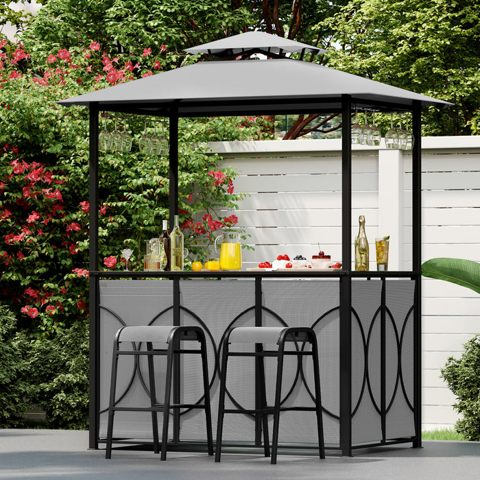 Costway 6.5 X 4 X 8 Ft Grill Gazebo Ensemble Avec 2 Tabourets De Bar, Table De Bar En Verre Trempe Gris