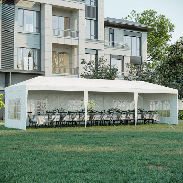 Tente De Fete Portable Outsunny 10 X 28 Pieds, Tonnelle De Fete De Mariage Pour Repas De Jardin Et Exterieur Avec 5 Parois Laterales Amovibles, Blanc