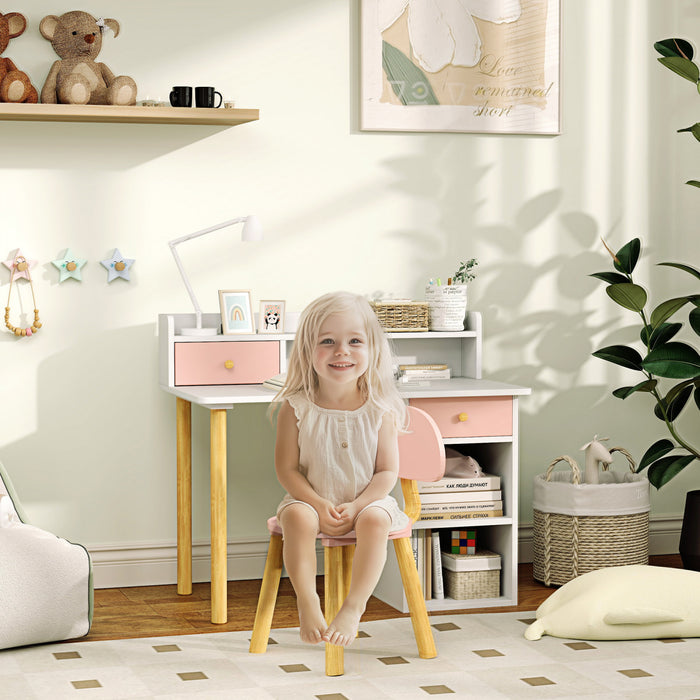 Qaba Ensemble Bureau Et Chaise Pour Enfants Avec Rangement Et Etageres Rose