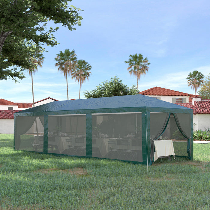Outsunny 10' X 28' Party Tente Outdoor Canopy Garden Sun Shade Avec 8 Filet Moustique Et Porte A Glissiere, Vert