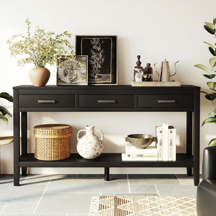 Table d'entree Emma 59,1'' de style ferme avec tiroirs et etagere ouverte, noire