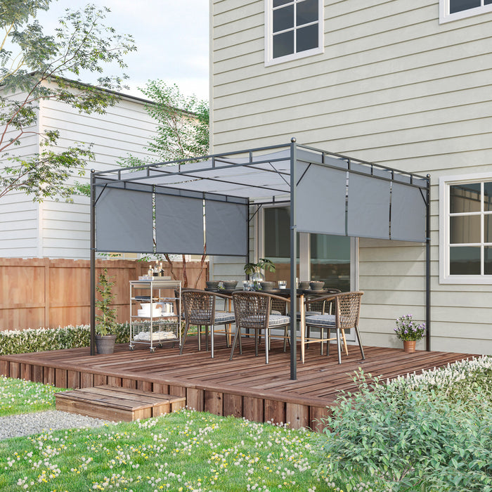 Outsunny 10' X 10' Pergola Retractable De Jardin Auvent Abri Soleil Avec Toit Coulissant Cadre En Acier Pour L'exterieur Gris Fonce