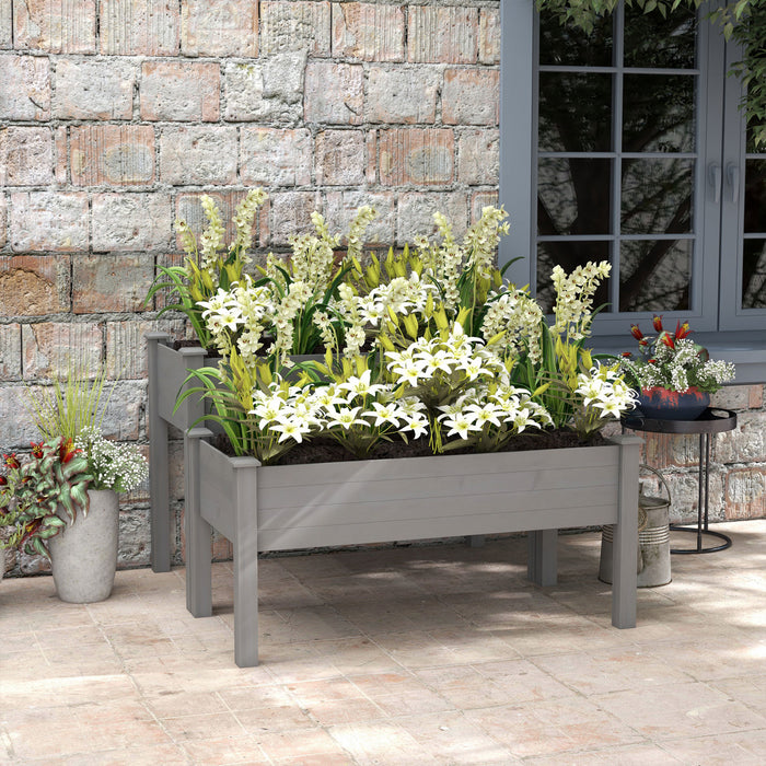 Outsunny Lit De Jardin Sureleve A 2 Niveaux, Jardiniere Surelevee En Bois Avec Pieds, Lit De Plantation De Jardinage Avec 2 Compartiments Pour La Culture De Fleurs, Legumes Et Herbes, Gris