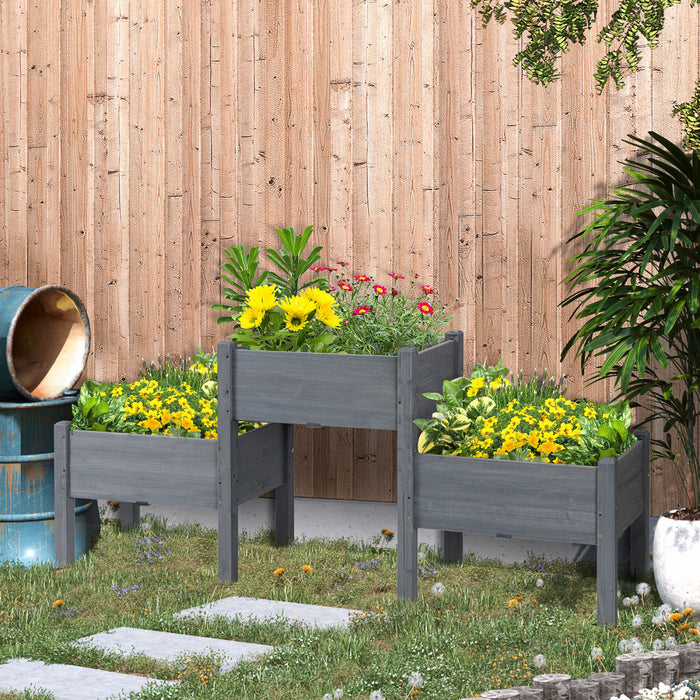 Outsunny Lit De Jardin Sureleve Avec 3 Jardinieres, Support Pour Plantes En Bois Autoportant Avec Trous De Drainage, Pour Legumes, Herbes Et Fleurs, Gris