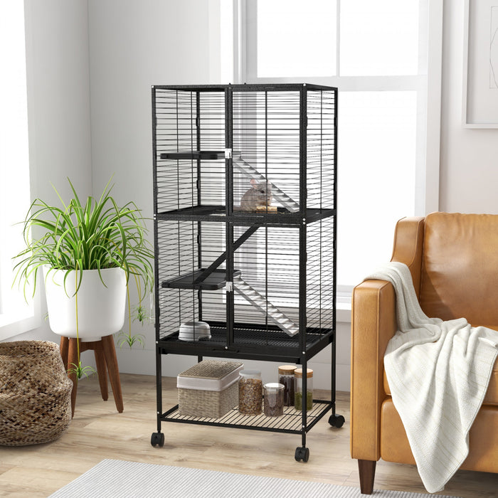 Pawhut Cage A Furet Roulant 53,5 Po De Hauteur Pour Petits Animaux, Cage A 4 Niveaux Pour Chinchillas, Avec Plateau Amovible, Etagere De Rangement, 3 Portes, Bol, Bouteille D'eau, Rampes, Noir