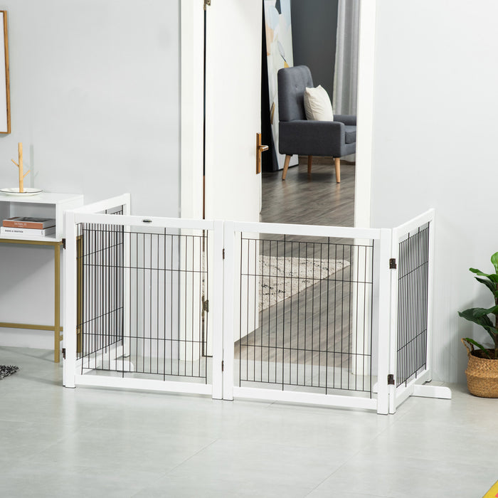Pawhut Barriere De Securite Pour Animaux Barriere Modulable Pliable 4 Panneaux En Bois De Pin Massif 2 Pieds Support 120\" X 14\" X 32.25\" Blanc Et Noir