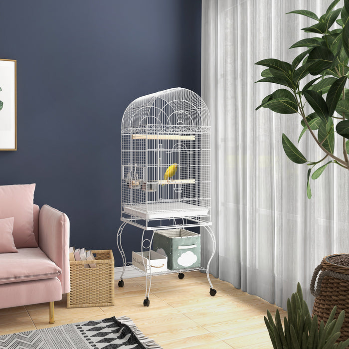 Pawhut Cage A Oiseaux A Dessus Ouvert De 60\" Pour Pinsons, Canaris, Perruches, Avec Support Roulant, Plateau Amovible, Etagere De Rangement