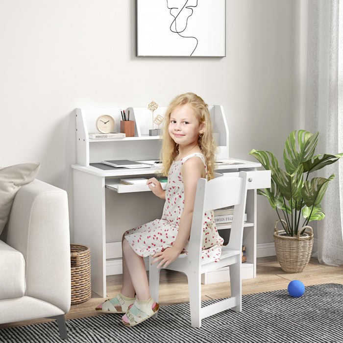 Qaba Ensemble Bureau Et Chaise Pour Enfants De 5 A 8 Ans Avec Rangement, Table D'etude Et Chaise Pour Enfants, Blanc