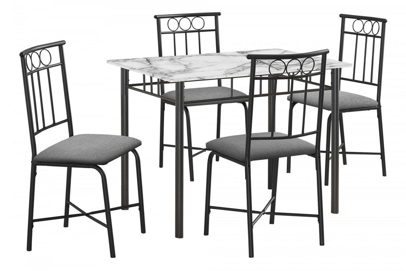 Ensemble de salle à manger 5 pièces de style moderne contemporain pour la cuisine avec petite table rectangulaire, imitation de marbre blanc, stratifié et métal noir