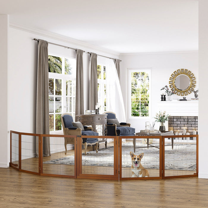 Pawhut Barriere De Securite Barriere Modulable Pliable Pour Animaux De Compagnie Avec 2 Pieds De Support 6 Panneaux Bois Massif De Pin Acier Cafe