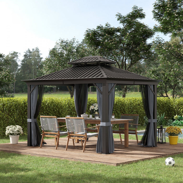 Outsunny 12' X 10' Tonnelle D'exterieur A Toit Rigide Avec Auvent En Acier Galvanise Et Parois Laterales En Filet Pour La Pelouse, Le Jardin, Gris Fonce