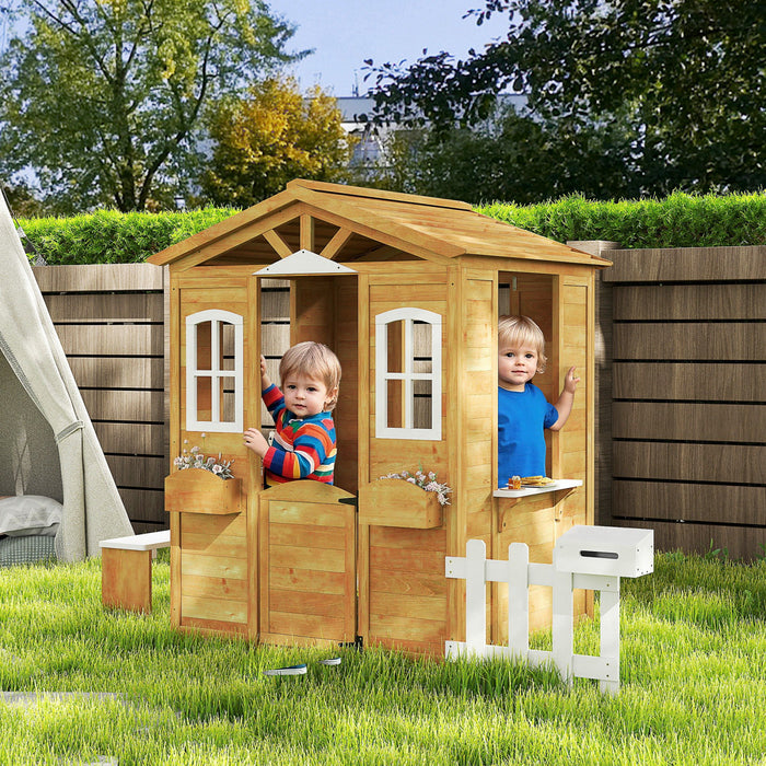 Outsunny Maisonnette de jeu pour enfants, exterieur, avec portes, fenetres, boite aux lettres, support pour pot de fleurs, banc de service, jaune