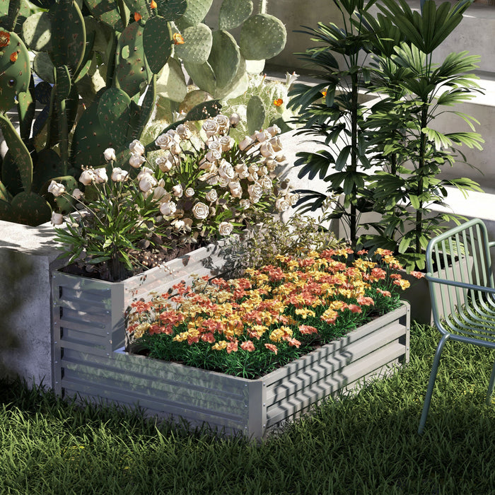 Outsunny Lit De Jardin Sureleve A 2 Niveaux, 47\" X 40\" X 23'' Jardiniere En Acier Galvanise Pour Legumes, Fleurs Et Herbes, Argente