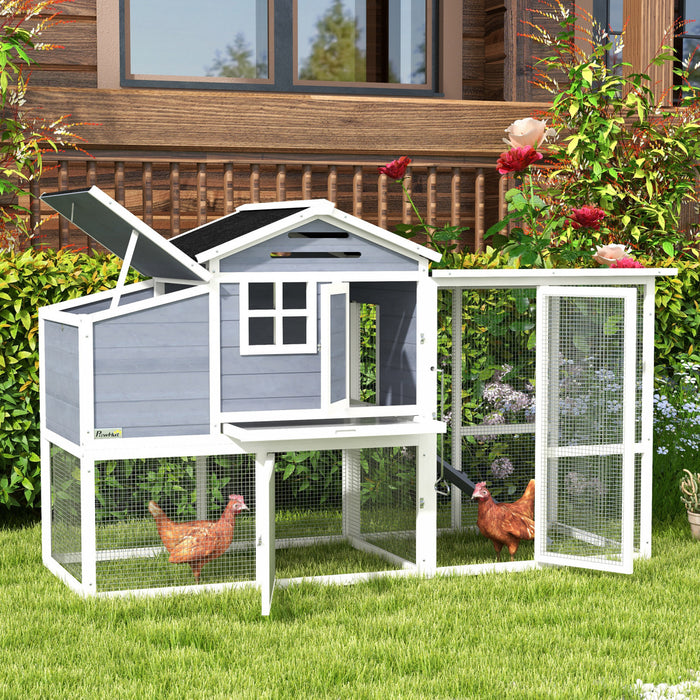 Pawhut Poulailler En Bois 76\", Poulailler D'exterieur, Cage A Volaille, Canard, Oie Avec Enclos Exterieur, Nichoir, Plateau Amovible Et Portes Verrouillables, Gris