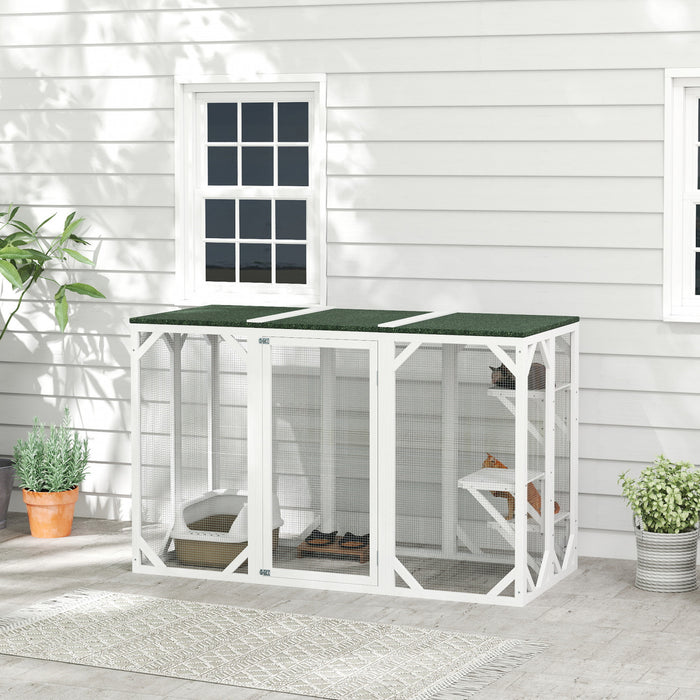 Pawhut Cage Pour Chat D'interieur Et D'exterieur Pour Chat, Clapier Pour Lapin, Chaton, Niche Avec Toit Etanche, Plates-formes A Plusieurs Niveaux, Serrure, Blanc
