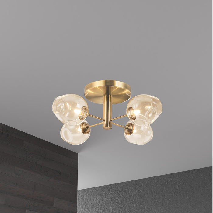 Plafonnier semi-affleuré Abii de Dainolite en verre champagne, avec fini bronze rétro et 4 ampoules