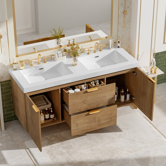 Hudson meuble de salle de bain double vasque 59,3 pouces avec rangement a fermeture douce, bois