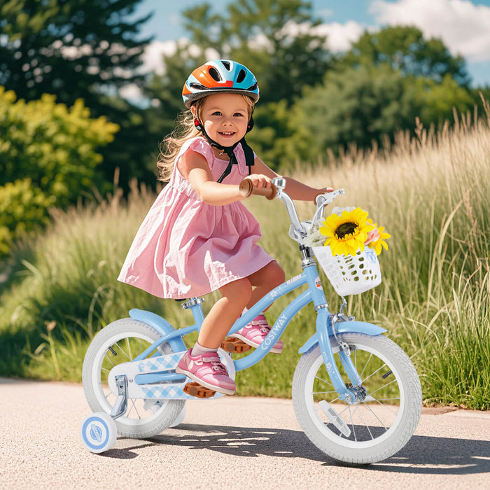 Velo Costway 14\" Pour Enfants Avec Roues D'entrainement Amovibles Et Panier Pour 3-5 Ans Bleu