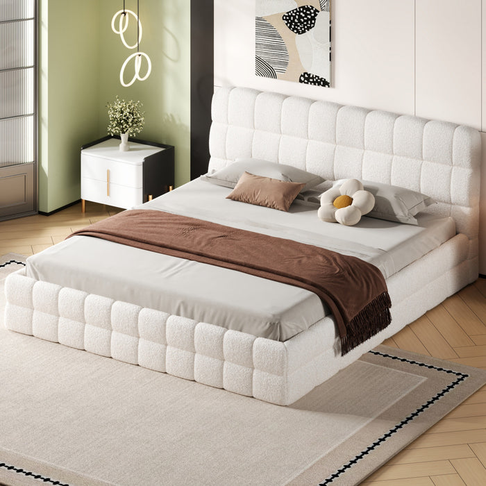 Lit plateforme moderne Emma rembourre avec structure en bois massif confortable, taille king, blanc