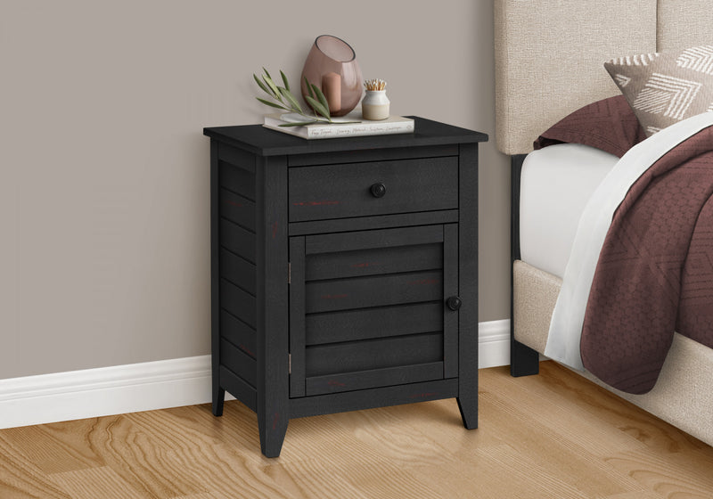 Table de bout, d’appoint et de nuit de rangement de style transitionnel avec tiroir de rangement et placages noirs pour la chambre à coucher