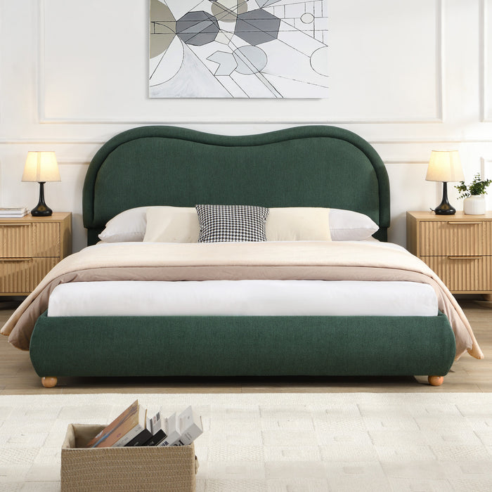 Olivia Cadre de lit plateforme rembourre avec tete de lit incurvee, taille Queen, vert