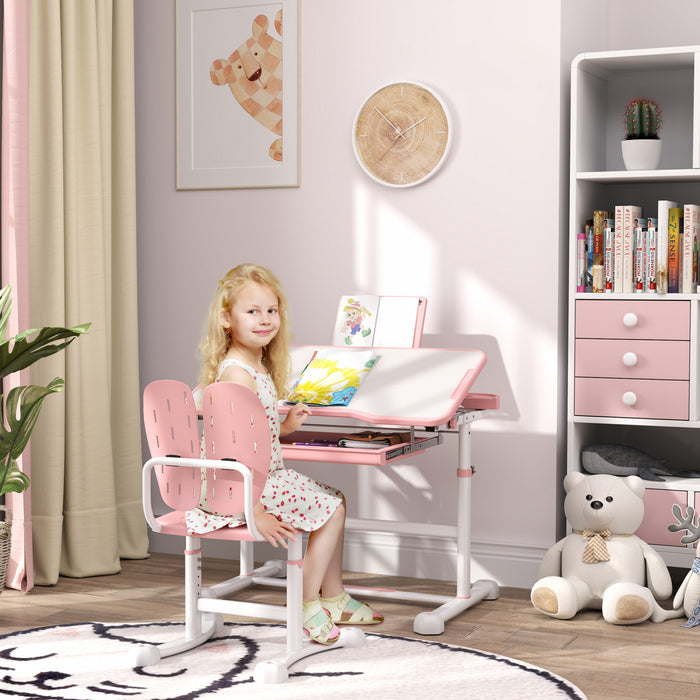 Qaba Ensemble Bureau Et Chaises Pour Enfants, Table D'etude Et Chaises Reglables En Hauteur Avec Bureau Inclinable, Grand Tableau D'ecriture, Support De Livre Pour 3 A 12 Ans, Rose