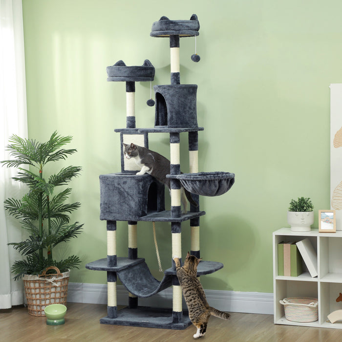 Pawhut Tour A Chat, Arbre A Chat De 81\" Pour Grands Chats Adultes Avec Griffoirs, Planche A Gratter, Lits Pour Chat, Hamacs, Plates-formes De Saut, Balles De Jouet, Gris Fonce