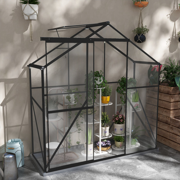 Outsunny Serre En Polycarbonate De 6' X 2,5', Serre De Plain-pied Avec Porte Coulissante, Aeration De Toit A 5 Niveaux, Gouttiere De Pluie Avec Cadre Et Fondation En Aluminium, Vert