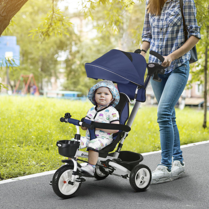 Qaba Tricycle Pour Tout-petits, Velo Poussette Avec Poignee De Poussee Parentale, Paniers De Rangement, Porte-gobelet, Garde-corps De Securite Et Ceinture De Securite, Pour 12 A 60 Mois, Bleu Fonce