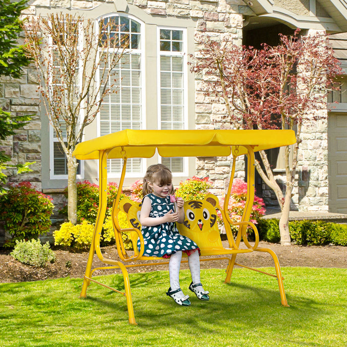 Outsunny Balancoire 2 Places Pour Enfants, Chaise Longue De Terrasse Pour Enfants, Pour Porche De Jardin, Avec Auvent Reglable, Ceinture De Securite, Motif Tigre, Pour 3-6 Ans, Jaune