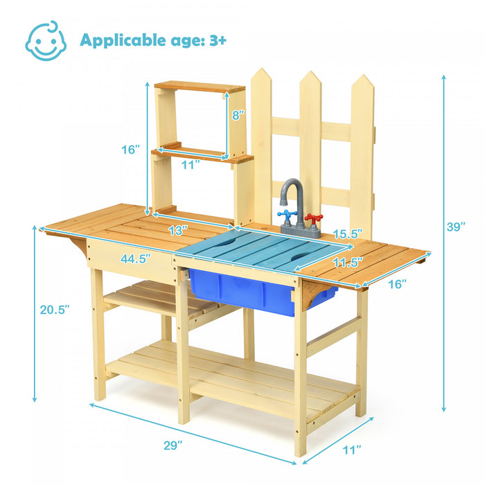 Cuisine Enfants En Bois A L'exterieur, Jeu D'imitation Avec Robinet Et Bassin, Ideal Pour Garcons Filles De Plus De 3 Ans Dans Terrasse, Jardin, Cour, Salon, 109x38x100 Cm