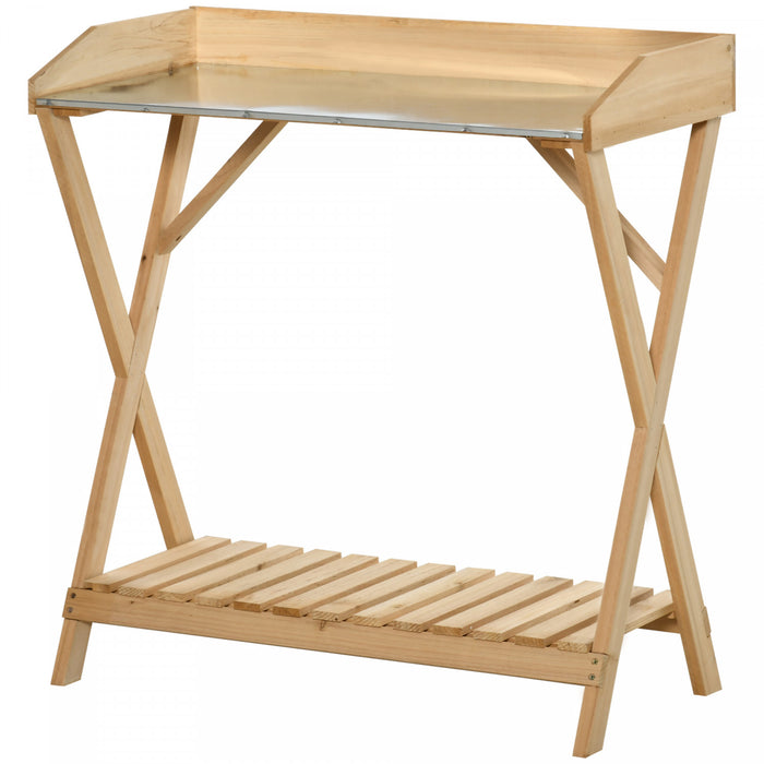 Outsunny Garden Potting Bench Table, Wooden Work Station, Outdoor Planting Workbench W/ Galvanized Metal Tabletop And Storage Shelf