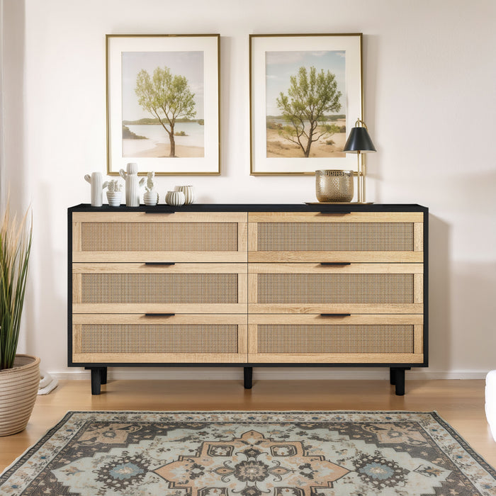 Meuble de rangement moderne Mila a 6 tiroirs en rotin avec structure en bois manufacture, noir, 150 cm