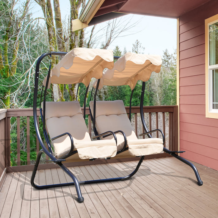 Outsunny Luxury Metal Swing Chair Hamac 2 Places Separees Robuste Avec Auvent Et Coussins, Beige