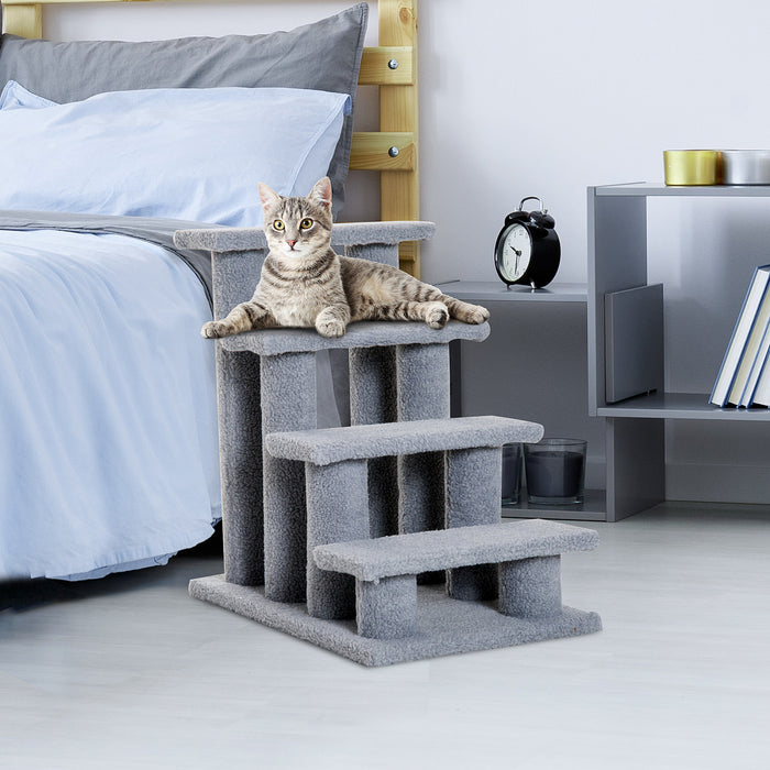 Pawhut 24'' Arbre A Chat Escalier Pour Animaux Chats Avec Griffoirs 4 Marches Panneaux De Particules Peluche Courte Gris