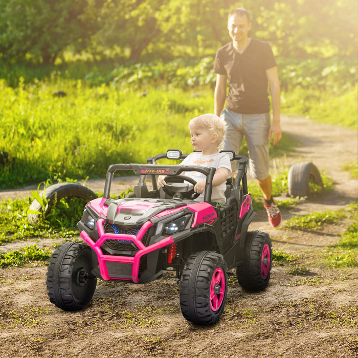 Qaba Voiture Electrique 2 Places Pour Enfants, Alimentee Par Batterie 24 V, Avec Telecommande, 3 Vitesses, Lumieres Led, Musique, Klaxon, Suspension A Ressort Pour 3 A 8 Ans, Rose