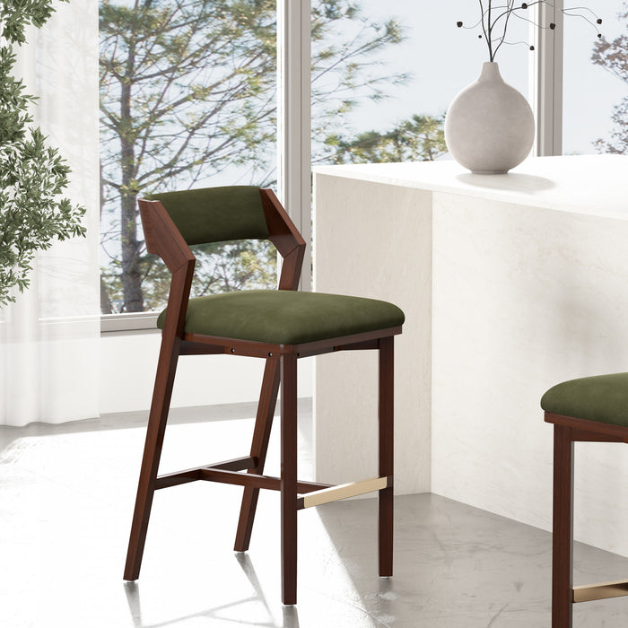 Tabouret de bar moderne Patricia en bois avec revetement en tissu vert tortue