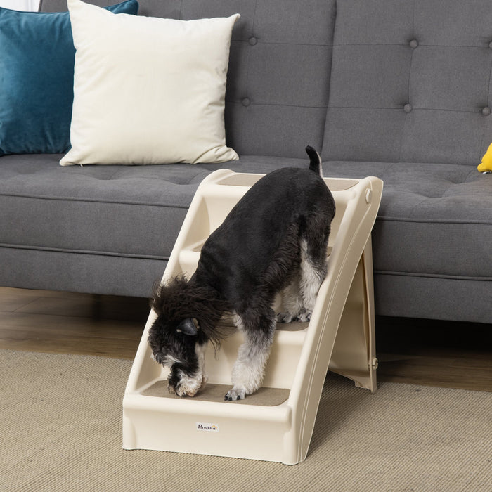 Pawhut Escalier Portable A 4 Niveaux Pour Animaux, Rampe Pliable Pour Chiens, Escaliers Pour Chats, Avec Tapis Antiderapant Lavable Et Amovible, Pour Lit Haut, Canape, Jusqu'a 44 Lbs, Beige.