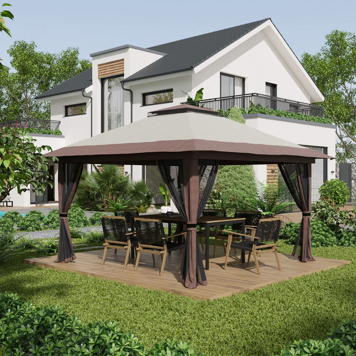 Outsunny 13' X 13' Pop Up Canopy Avec Parois Laterales En Maille, Abri De Tente A Canopy Facile Avec Toit A 2 Niveaux, Sac De Transport Sur Roues, Arriere-cour, Patio, Pelouse, Beige